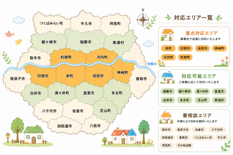 重点対応・対応可能・要相談エリアを色分けしたスペラワークスの対応エリア地図
