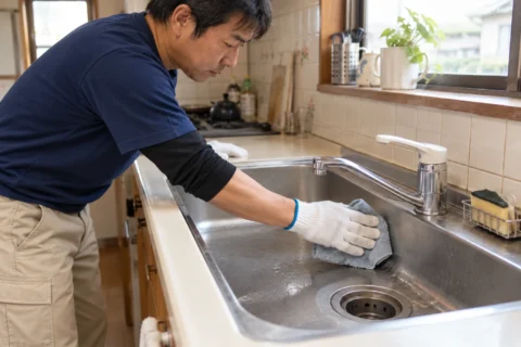日本の一般家庭でシンクを清掃する作業の生成イメージ