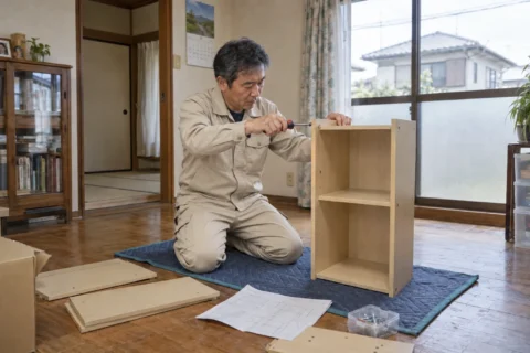 日本の一般家庭で収納棚を組み立てる作業の生成イメージ
