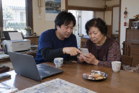 日本の一般家庭でスマートフォンの使い方を案内する生成イメージ