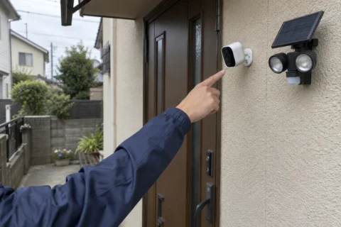 日本の戸建ての玄関に設置する防犯カメラとセンサーライトの生成イメージ
