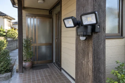 築30年程度の日本の戸建て玄関に取り付けたセンサーライトの生成イメージ