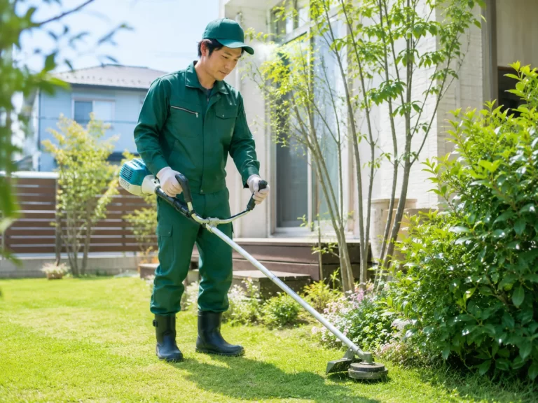 庭で草刈り作業を行う日本人スタッフ